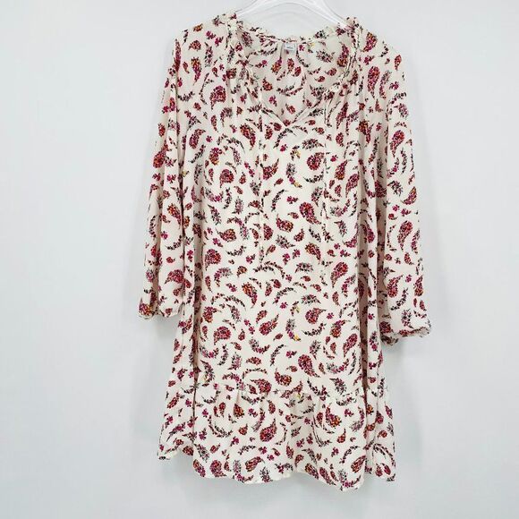 Old Navy Size Small Long Sleeve Tie Neck Cream & Pink Floral Paisley Midi Dress - Picture 1 of 10